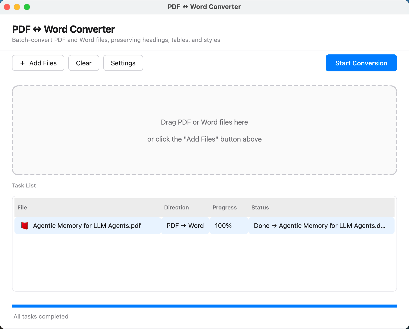 The same window after a real conversion: Task List now shows “Agentic Memory for LLM Agents.pdf / PDF → Word / 100% / Done” with a full blue progress bar and an “All tasks completed” status line.